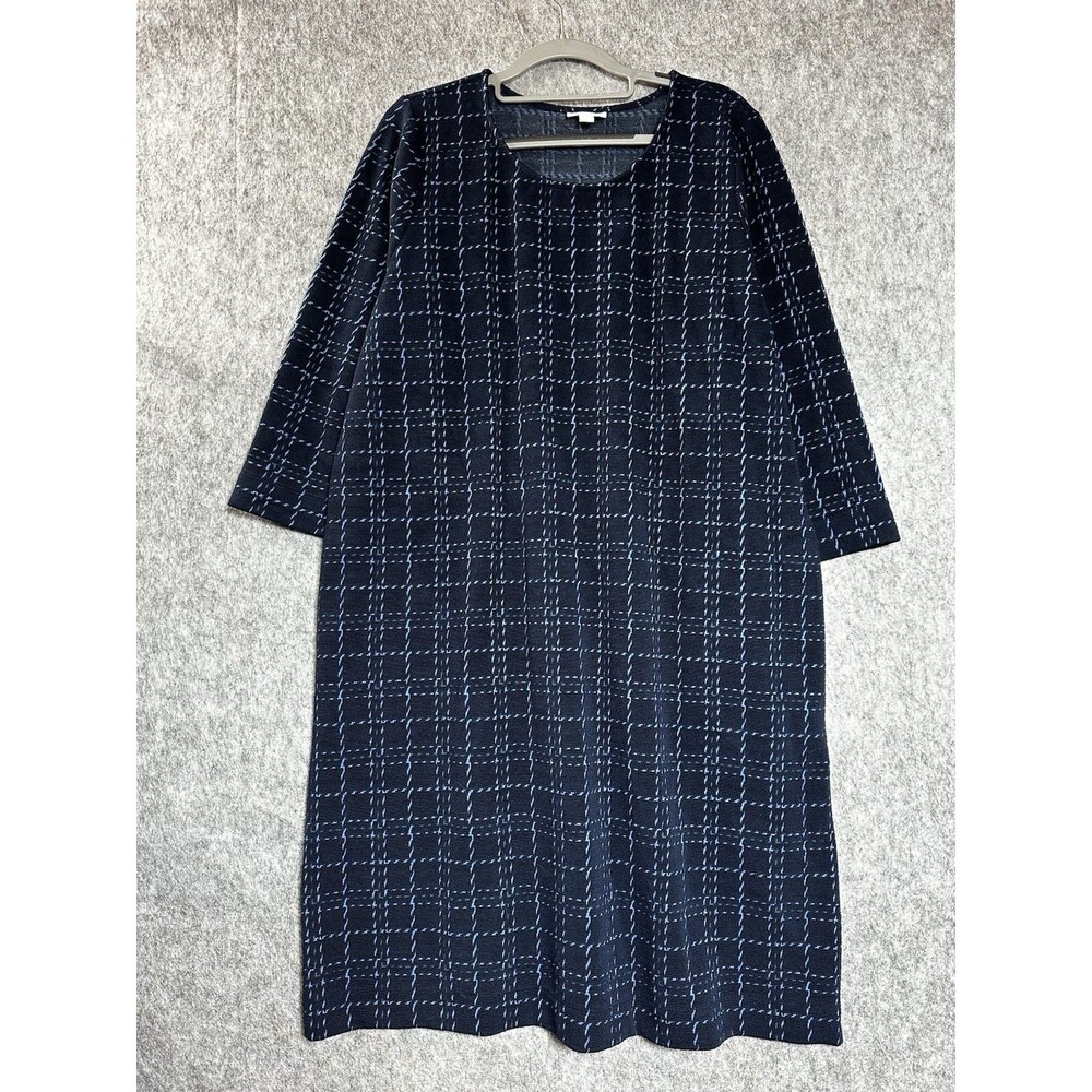 J. Jill Dress Womens Large Blue Check Pockets Knit Shift 3/4 Sleeve Midi Capsule